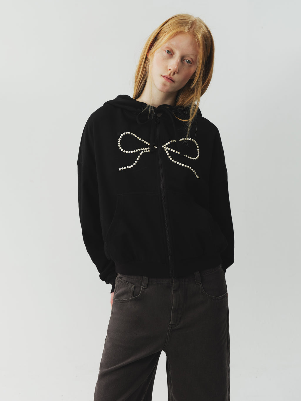 Bow Rhinestone Drawstring Hoodie