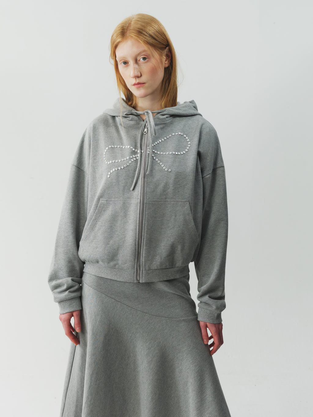 Bow Rhinestone Drawstring Hoodie