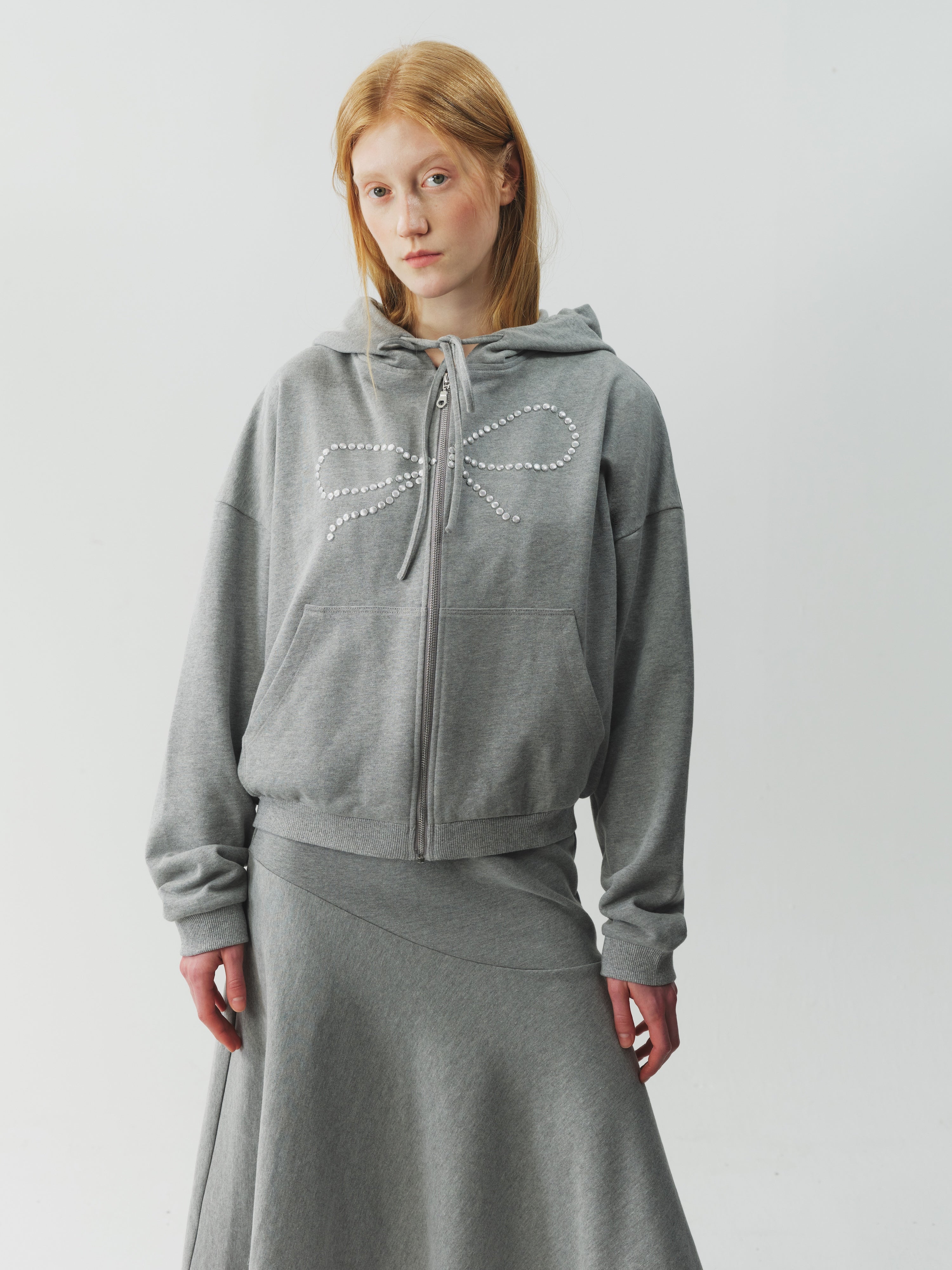 Bow Rhinestone Drawstring Hoodie