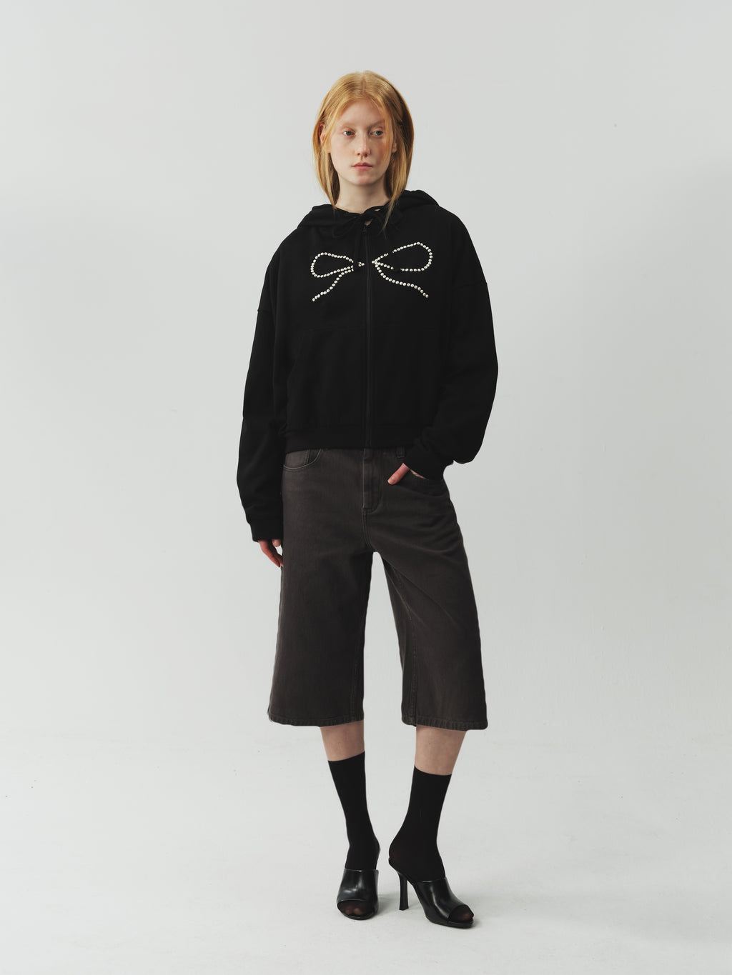 Bow Rhinestone Drawstring Hoodie
