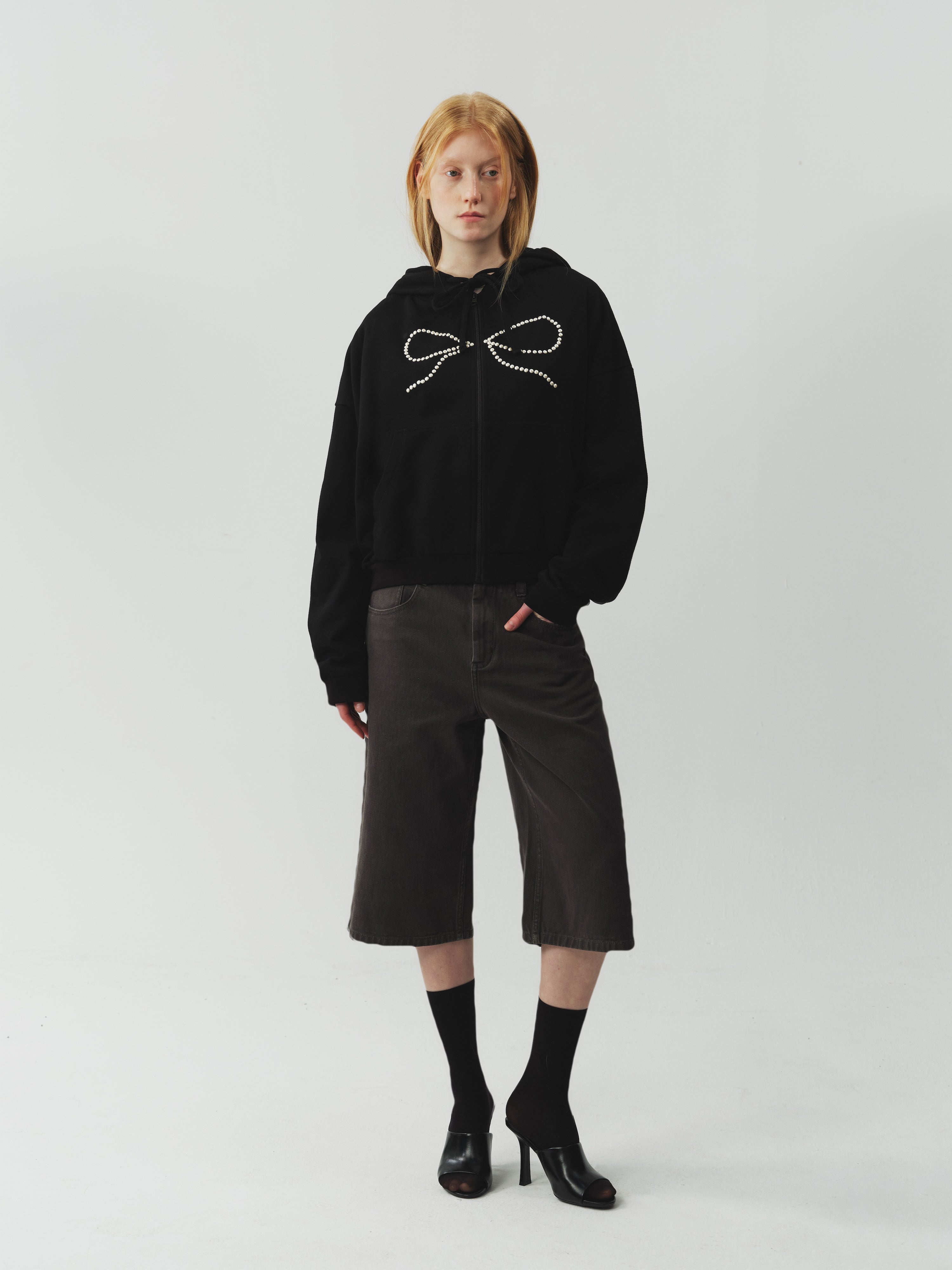 Bow Rhinestone Drawstring Hoodie