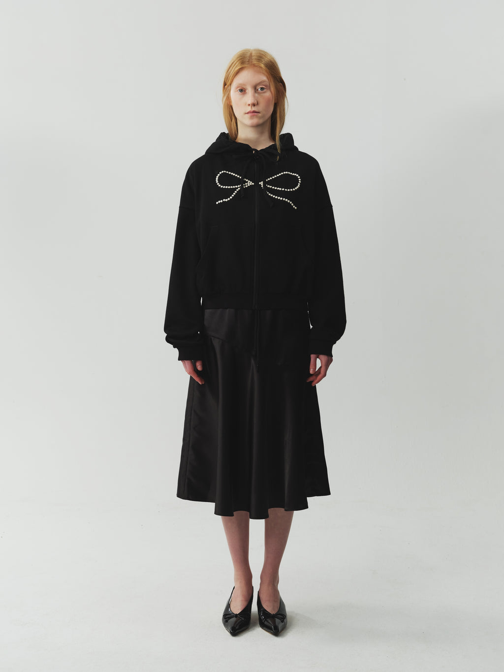 Bow Rhinestone Drawstring Hoodie