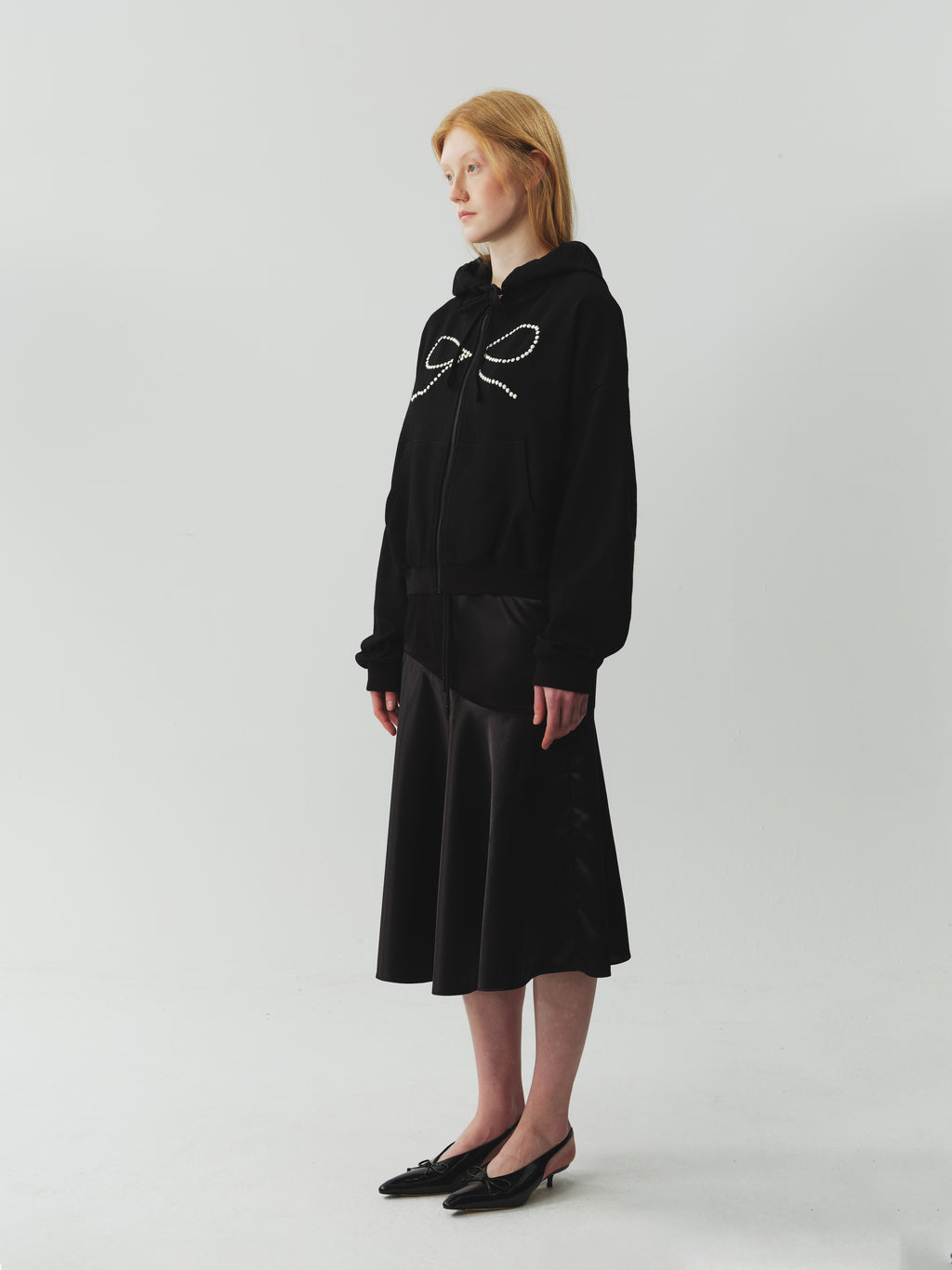 Bow Rhinestone Drawstring Hoodie