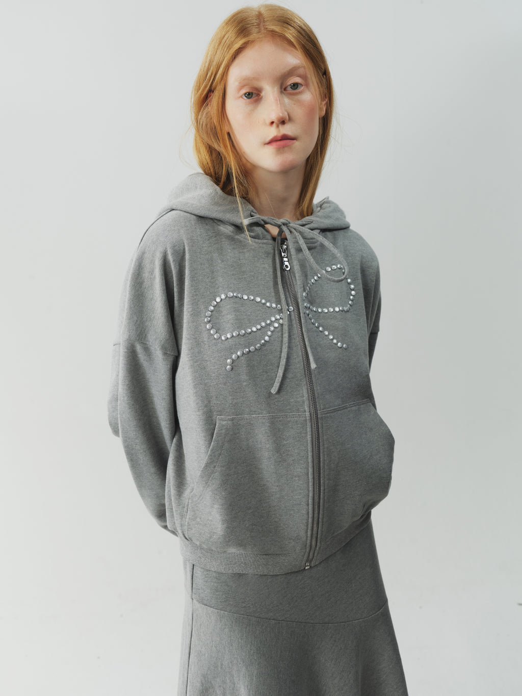 Bow Rhinestone Drawstring Hoodie