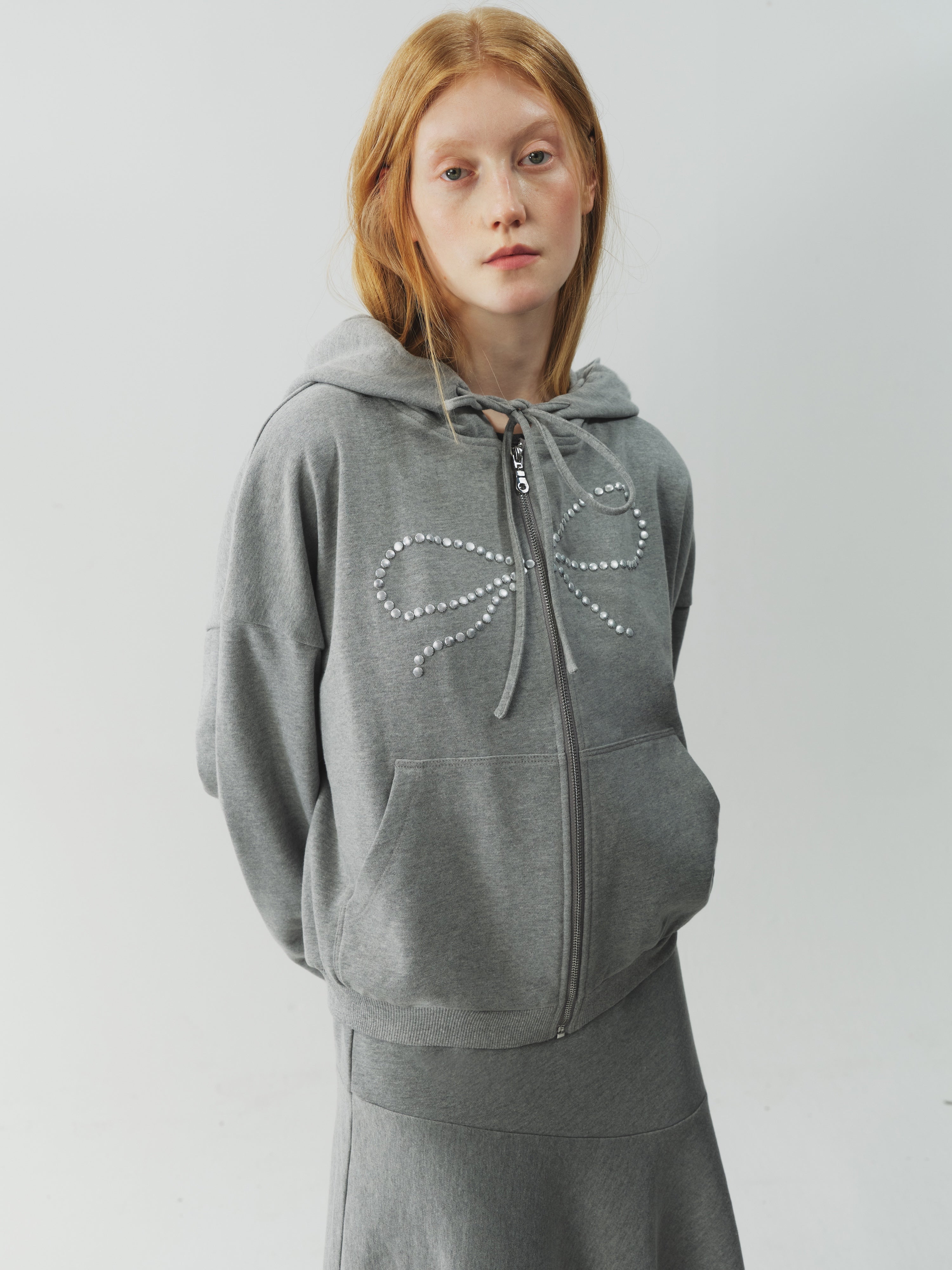 Bow Rhinestone Drawstring Hoodie