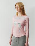 Three-Quarter Sleeve Bow Printed Top