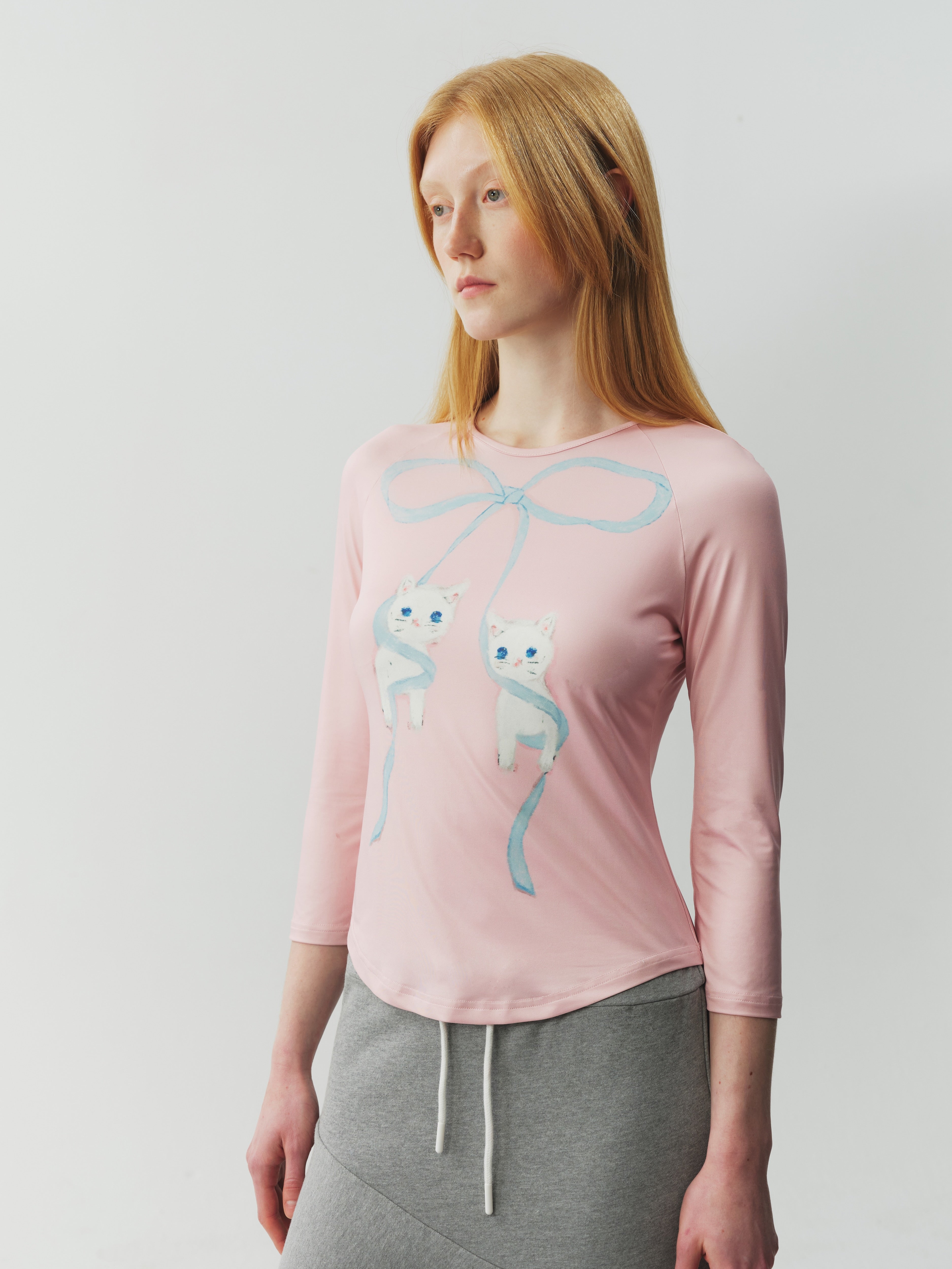 Three-Quarter Sleeve Bow Printed Top