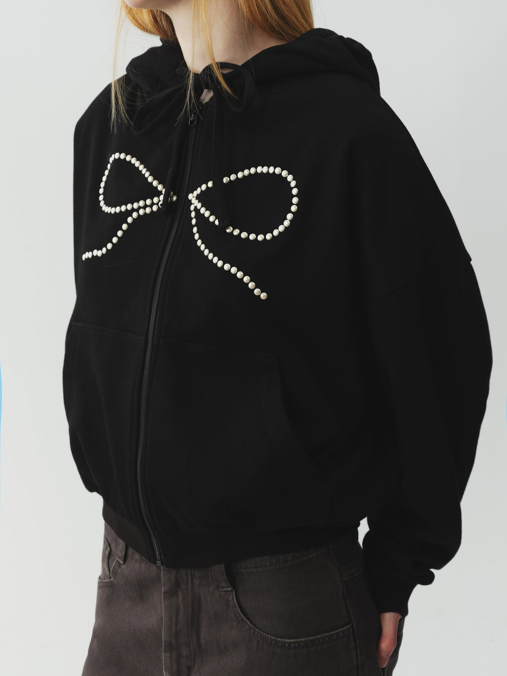 Bow Rhinestone Drawstring Hoodie