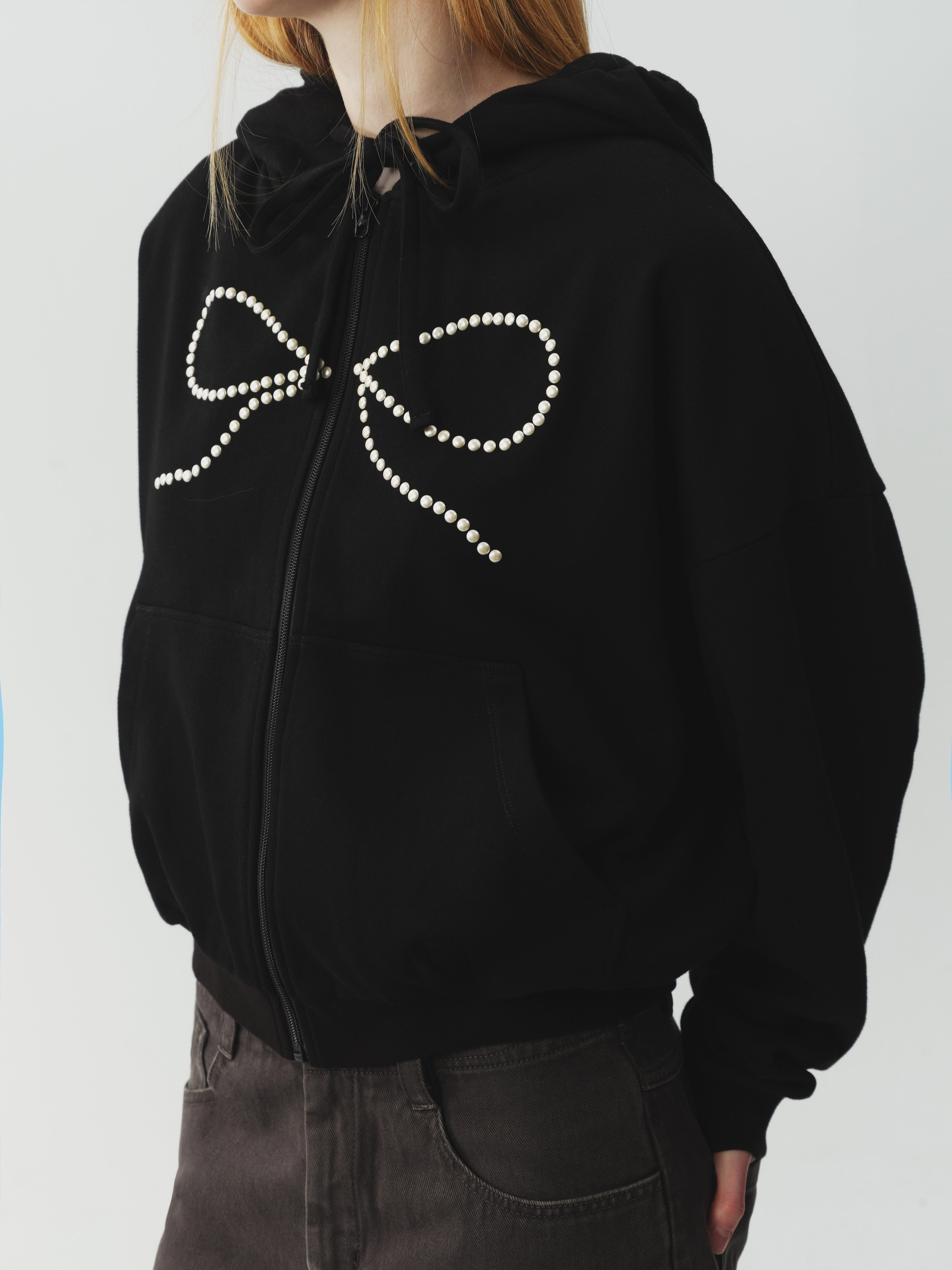 Bow Rhinestone Drawstring Hoodie