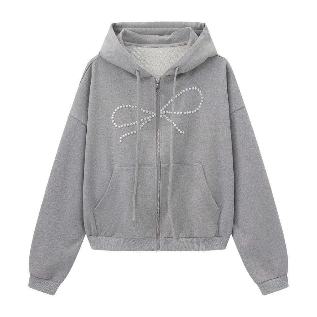 Bow Rhinestone Drawstring Hoodie