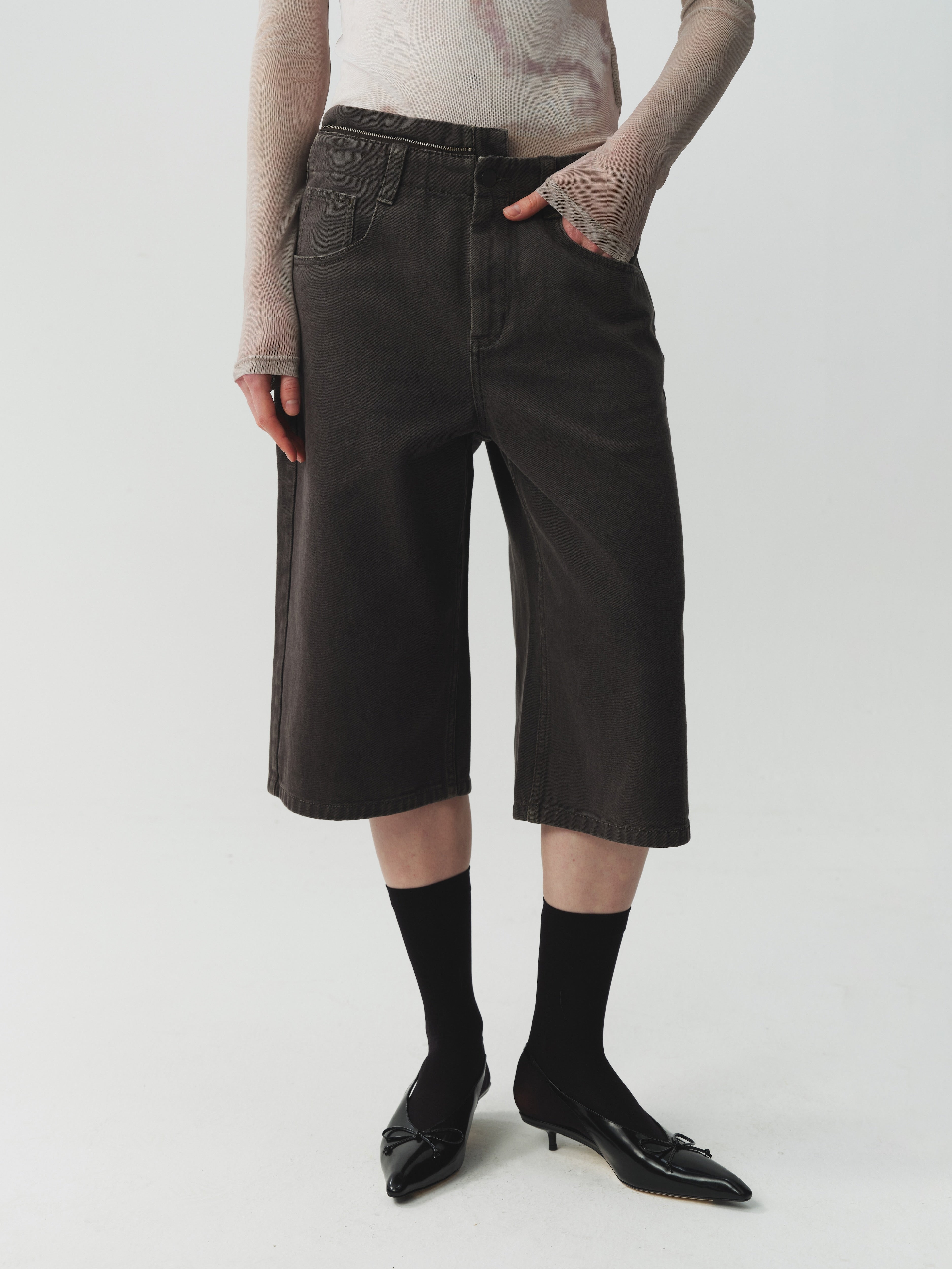 Paneled Shorts With Metal Zipper Waist