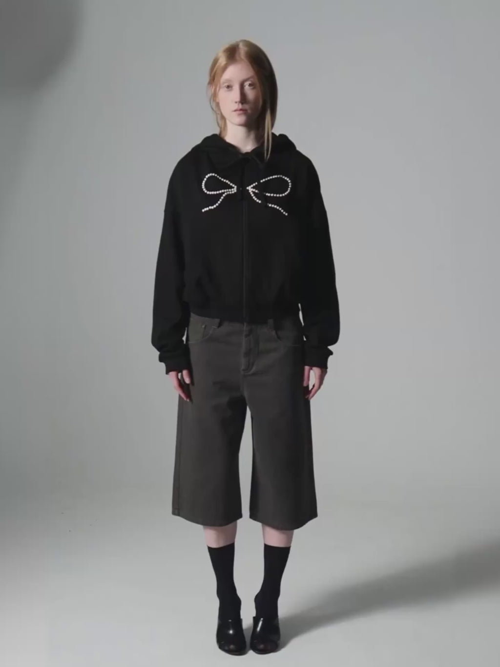 Bow Rhinestone Drawstring Hoodie